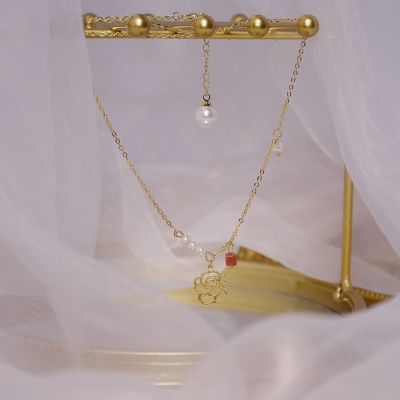 NEW 14K Gold Plated Pearl Camelia Flower Cube Necklace - Picture 4 of 7